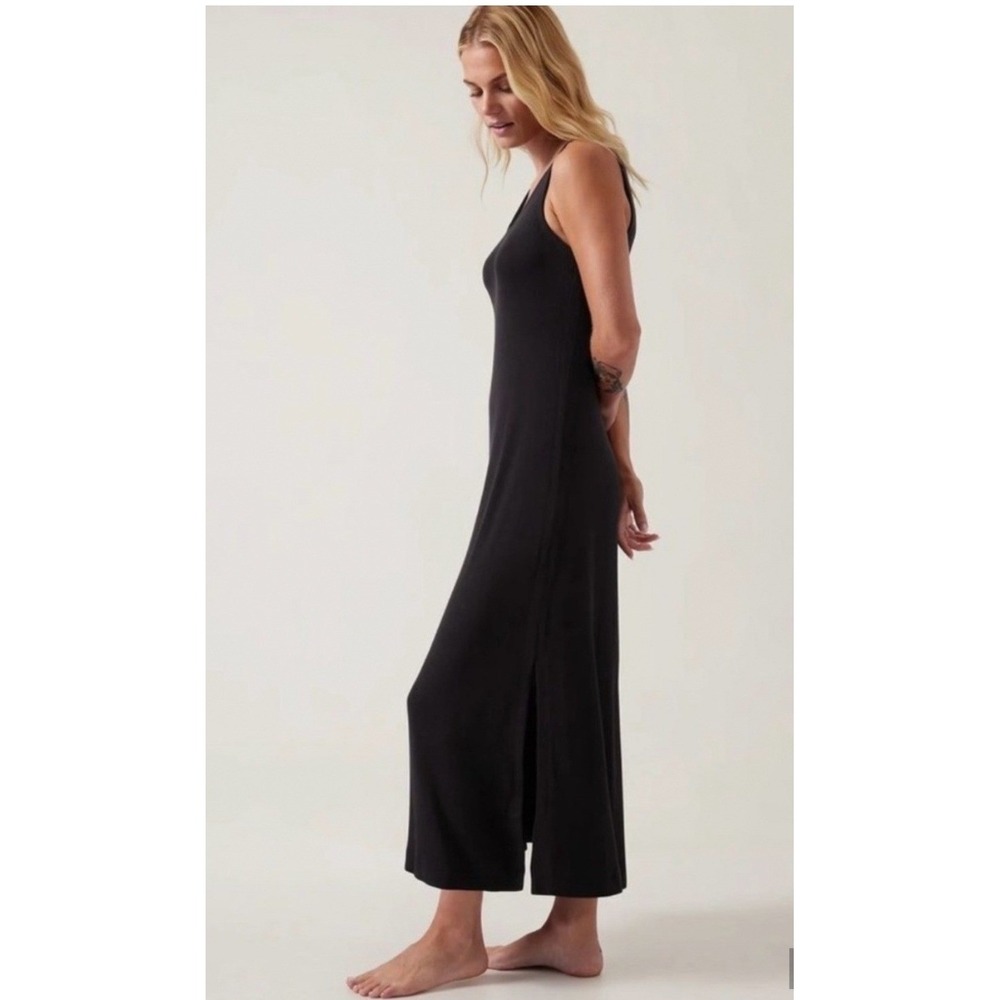Athleta Well Rested Rib Sleep Tank Dress S Black Maxi Loungewear Comfort Travel